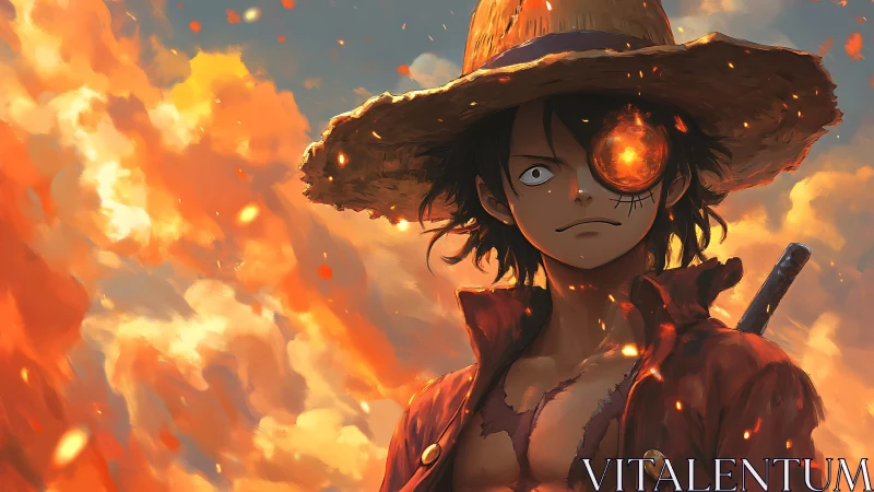 Fiery sky hero standing strong in warm glowing light.