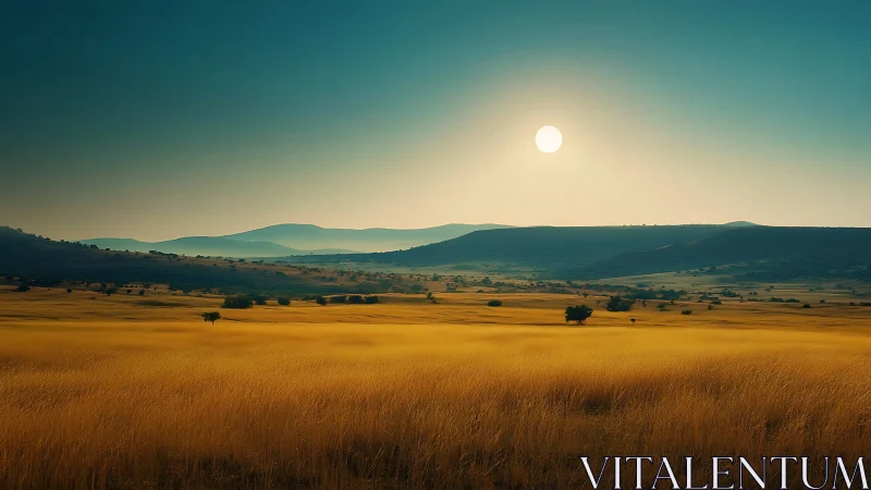 Golden prairie under high sun with layered distant hills.