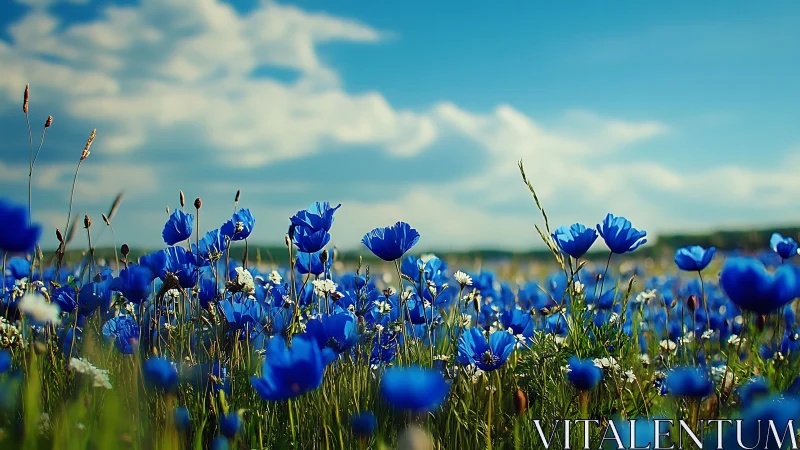 Blue Cornflowers and White Blooms in Meadow Field.