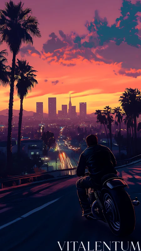 Motorcyclist overlooks neon city at vivid sunset skyline.