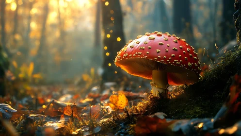 Red fly agaric mushroom in soft autumn forest light.