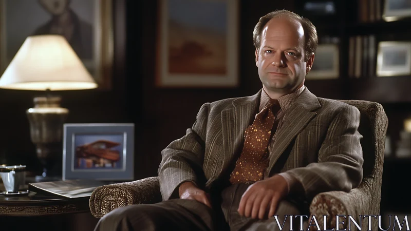 Middle-aged man seated in dimly lit professional office.