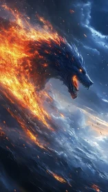 Stormfire dragon rising where ocean waves meet sky flame.