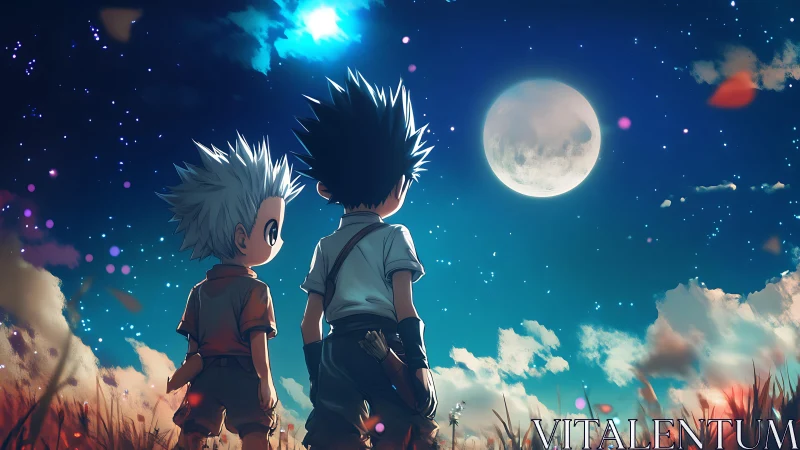 Moonlit meadow adventure with two wide-eyed friends.