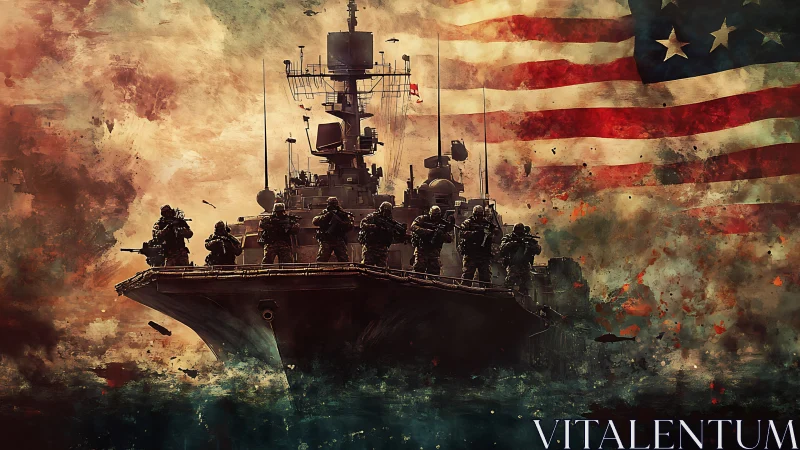 Naval assault vessel with armed soldiers before large US flag