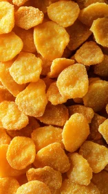Closeup view of many crispy breaded chicken nuggets.