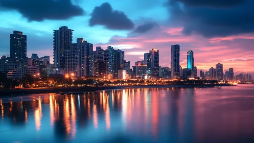 Coastal skyline glows under neon dusk reflections. Period.