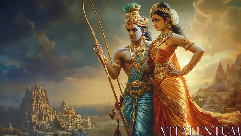 Royal couple in ornate attire before ancient temples at dusk.