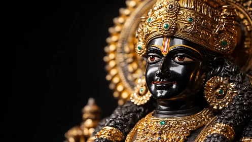 Gilded black stone deity bust in dramatic studio lighting