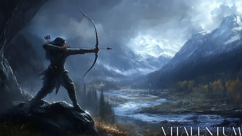 Digital painting of lone archer poised over storm-lashed valley.
