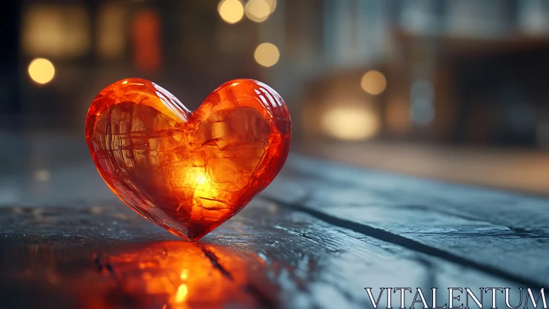 Radiant glass heart glowing with warm light on wet pavement.