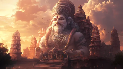 Colossal divine statue guards ancient temple city at dusk