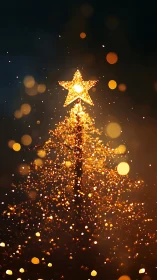 Glowing golden Christmas tree with bright star topper.