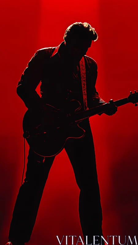 Shadowstage guitarist carved in neon red spotlight blaze.