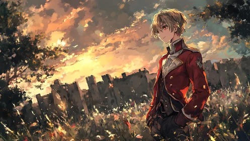 Young officer in red coat stands before sunset field