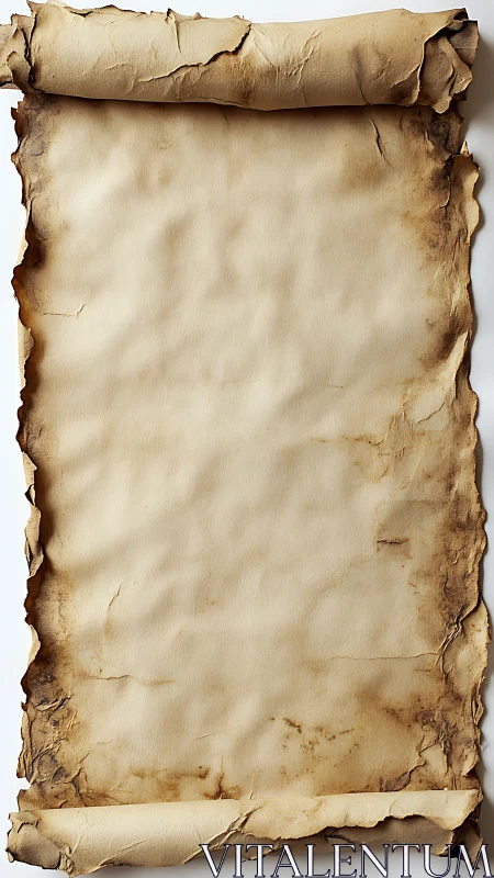 Weathered blank parchment scroll with scorched curled edges
