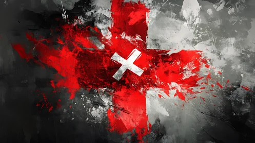 Shattered crimson cross erupts around a stark white X mark.