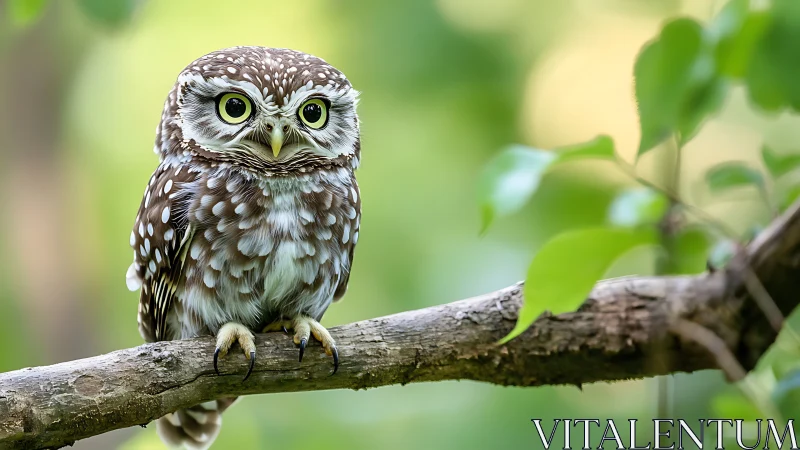 Spotted owl perched on tree branch in vibrant forest setting.