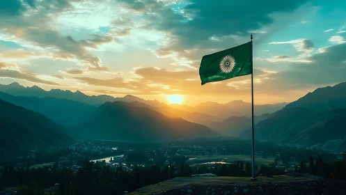 Green national-style flag over mountainous valley at sunrise.