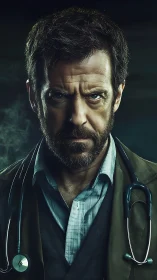 Grim diagnostician stares down the unknown in cold teal light