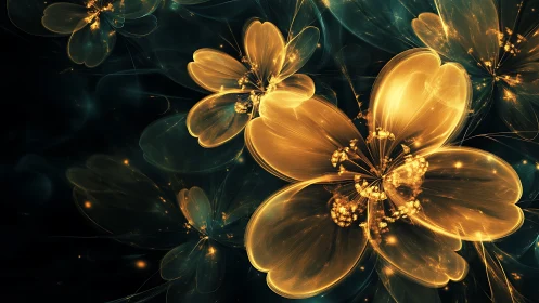 Glowing golden fractal flowers on deep teal background.