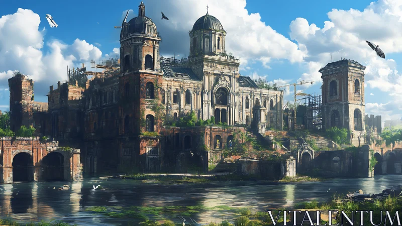 Ruined baroque-style riverside complex stands under daylight