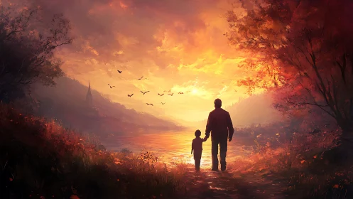Sunlit path of father and child in ember-bright autumn dusk.