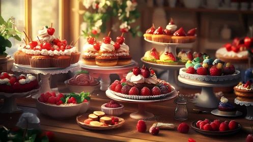 Strawberry dessert table fills warm rustic bakery interior