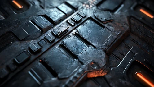 Industrial sci-fi metal panel with glowing orange vents.