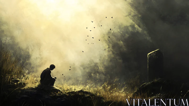 Solitary mourner under radiant sky beside distant grave.