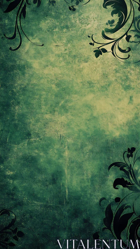 Ink-dark vines curl across weathered emerald silence