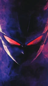 Dark masked villain portrait with neon red glowing eyes.
