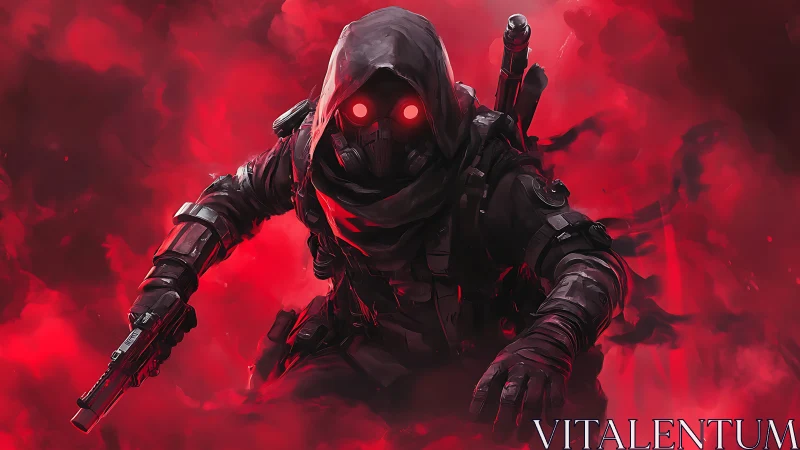 Hooded cyber assassin advancing through crimson smoke.