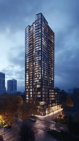 Glass residential tower glows over misty urban skyline.