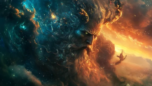 Cosmic storm god emerges from nebula skies over burning sea