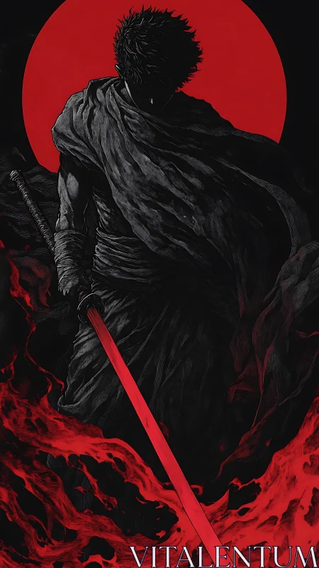 Dark swordsman silhouette with red blade and rising moon.