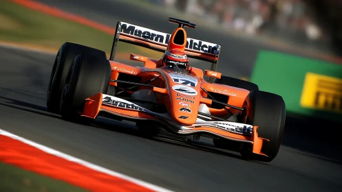 Orange Formula race car cornering on sunlit asphalt circuit.