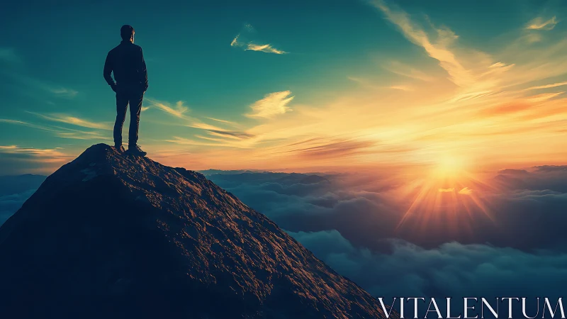 Silhouetted person on mountain peak above clouds at sunrise.