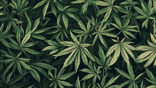 Overlapping cannabis foliage forms a dense botanical surface study
