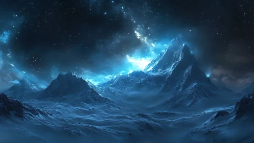 Icy mountain range under luminous night sky.