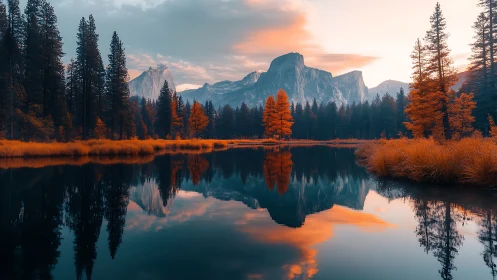 Autumn mountains mirrored in tranquil alpine lake at sunset.