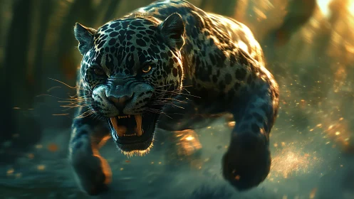 Digitally rendered jaguar portrait displays aggressive threat posture with photorealistic texture re