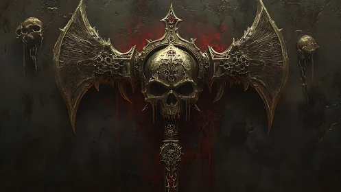 Baroque war axe forms gilded skull emblem against darkness