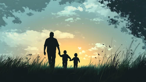 Silhouetted trio strides through sunrise grass toward tomorrow