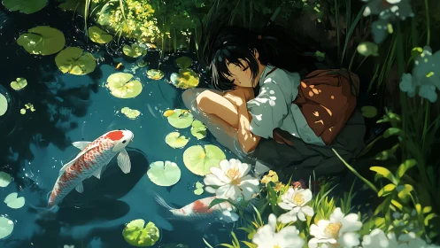 Anime pond repose with koi and luminous floral framing.