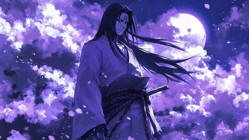 Sword wielding warrior under violet moonlit sky.
