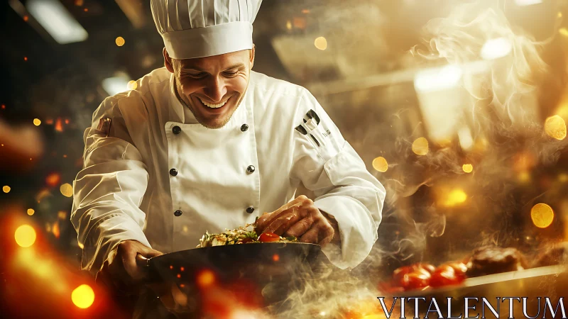 Smiling chef sautés vegetables in golden cinematic kitchen.