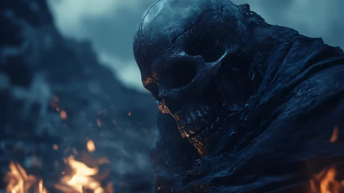 Armored skull wreathed in embers emerges from desolate abyss