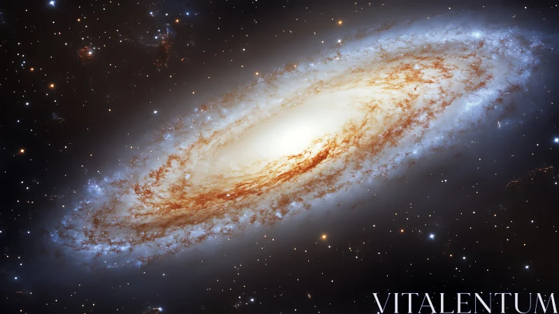 Spiral galaxy core with luminous dust lanes and starfield.