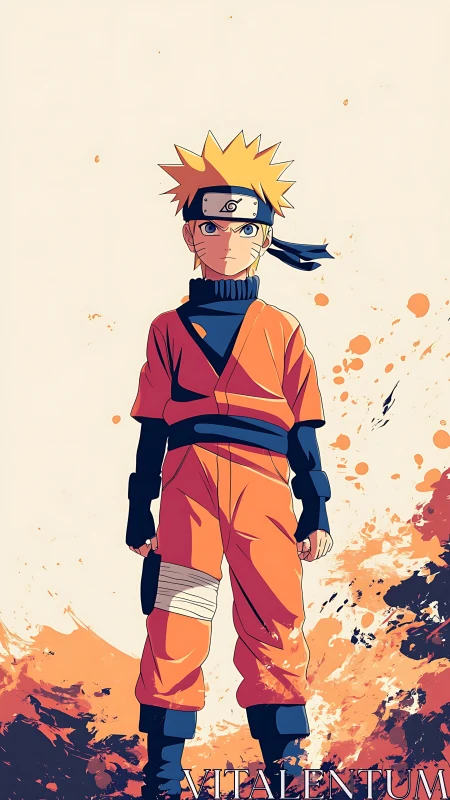 Young ninja stands amid dynamic orange ink splashes.